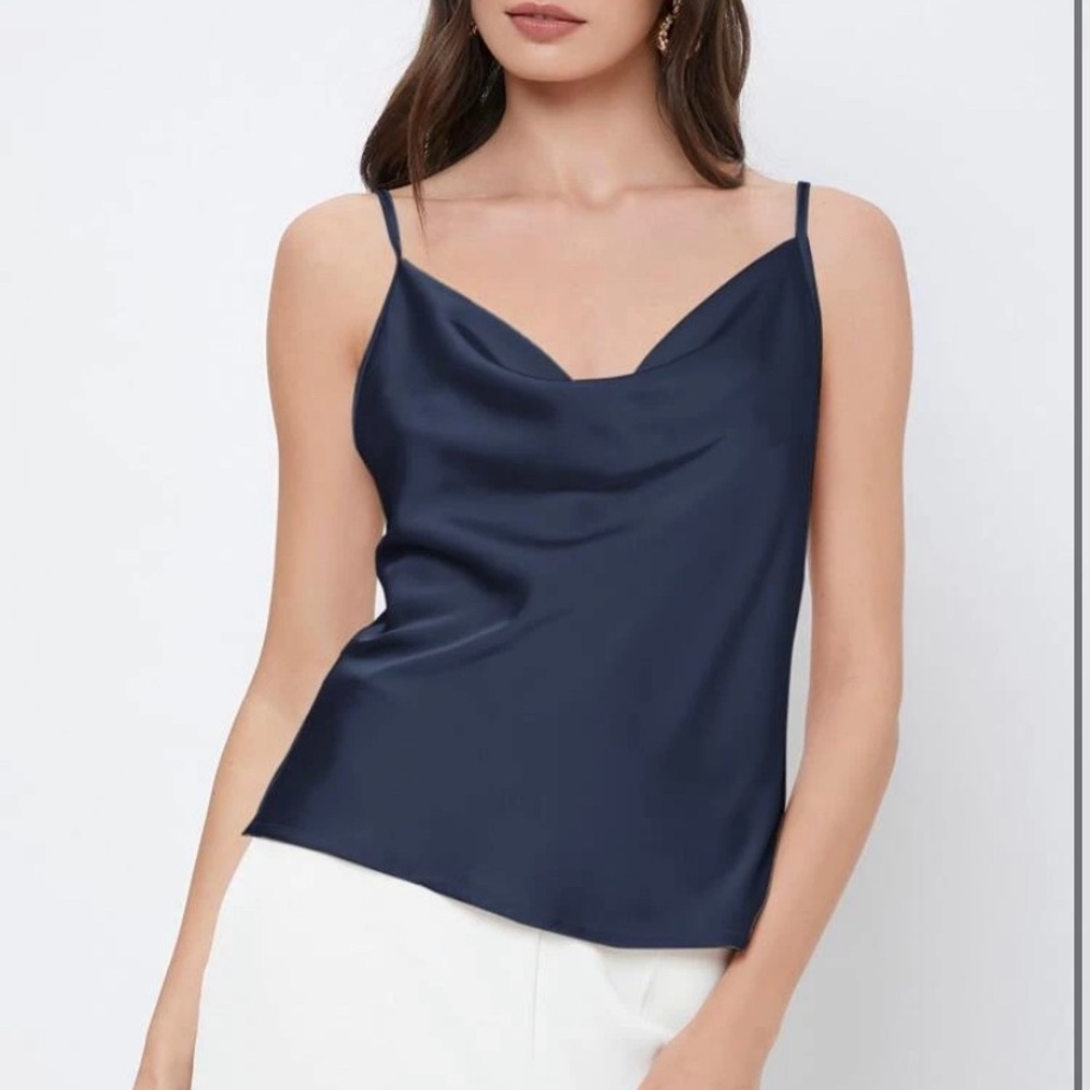 Navy blue, satin cowl-neck top